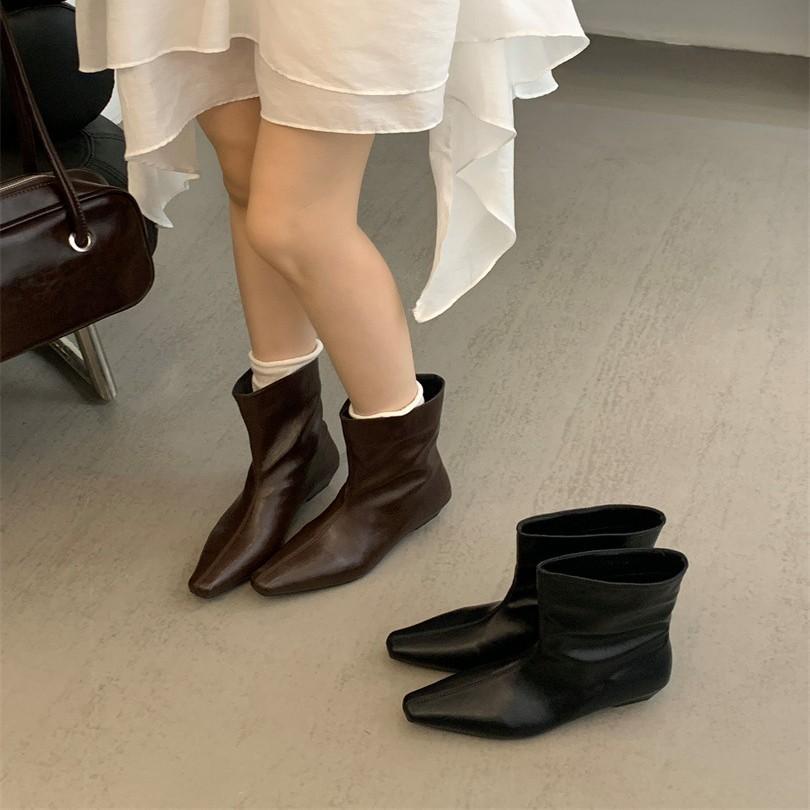 2025 Autumn Low Heel Boots Square Head Short Boots French Temperament Slope Heel Short Boots Solid Color Straight Boots