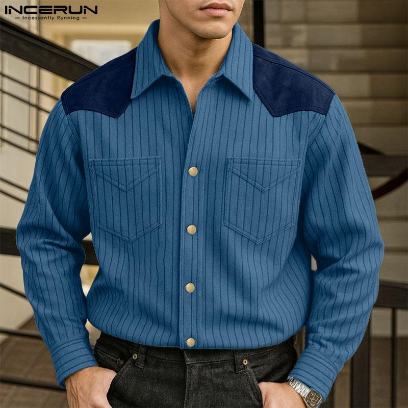 INCERUN S-5XL Men Lapel Neck Long Sleee Patchwork Striped Print Buttons Down Shirts