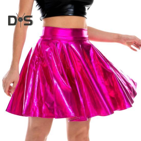 Women Skater Skirt High-Waisted Shiny Metallic Patent Faux Leather Texture Party Skirt Slimming Versatile Mini Skirt