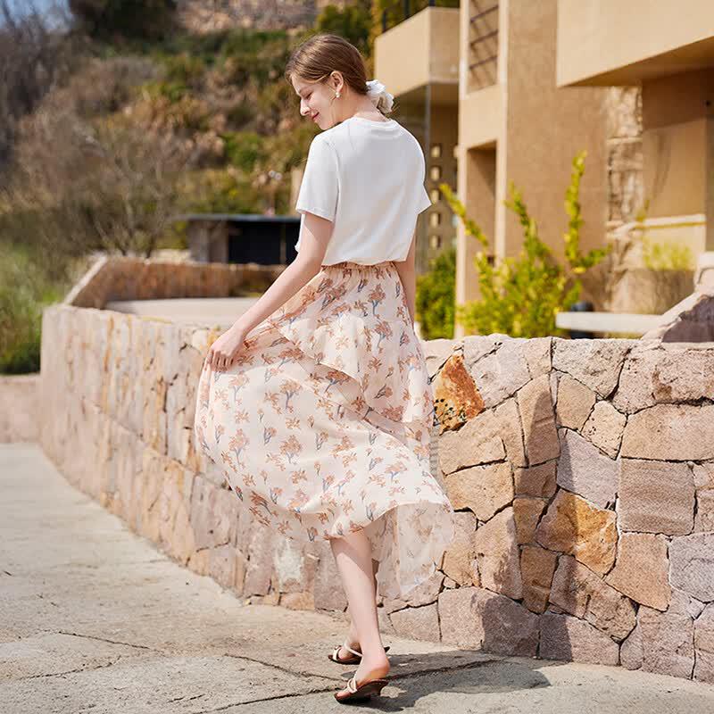Xiangying Women's Floral Ruffle High-Waist Skirt