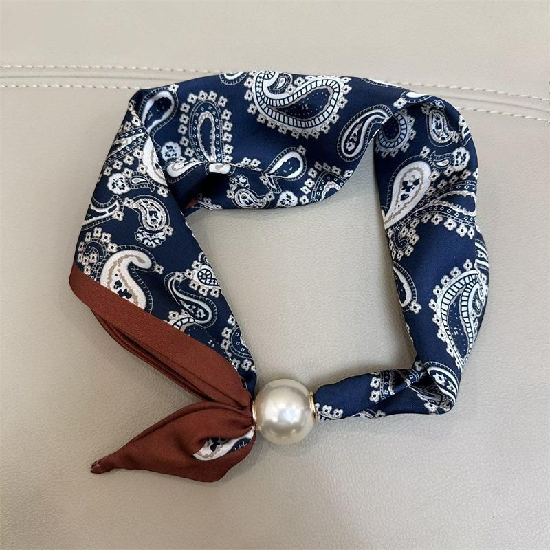 French light luxury spring and summer small square scarf pearl necklace magnetic buckle lazy silk scarf women s scarf collarbone chain scarf 47