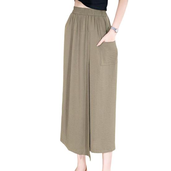 

Женские летние брюки с эластичной высокой талией, широкие длинные брюки, однотонные брюки с разрезами на манжетах, свободная посадка, юбка, брюки, повседневная одежда 2XL хаки