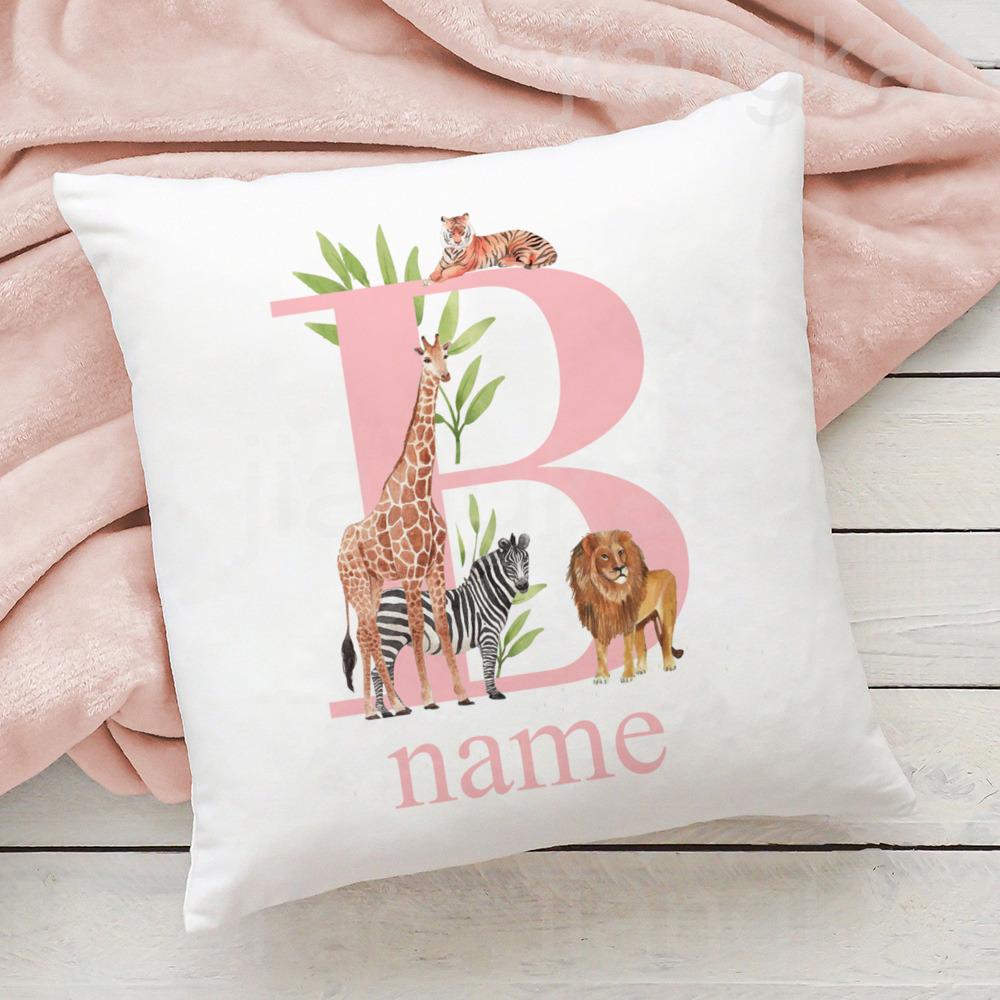 Personalized Pillow Case Initial with Name Safari Animal Pillow Cover Kids Bedroom Wild Party Decor Kids Birthday Shower Gift