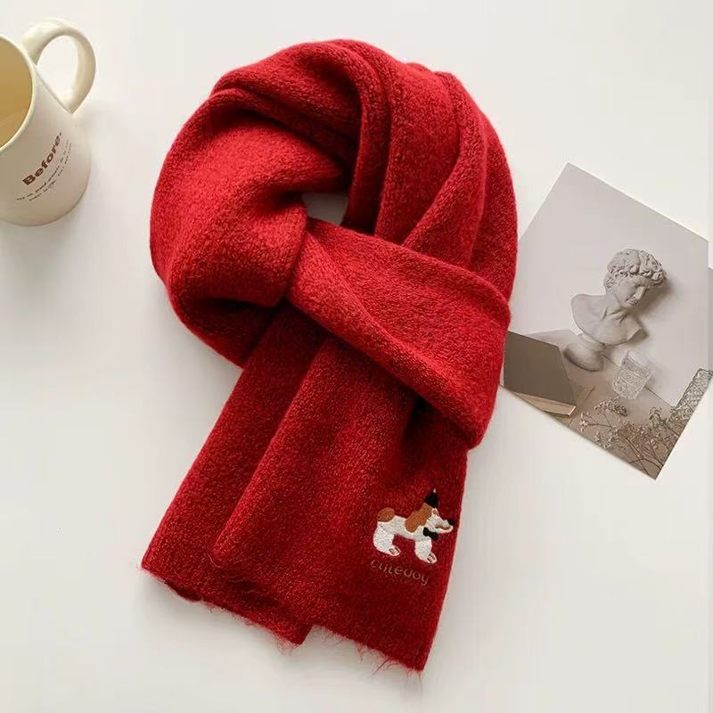 Japanese Cartoon Cute Embroidered Puppy Scarf Female Autumn and Winter Fashion Warm Student Versatile Knitted Neck Scarf