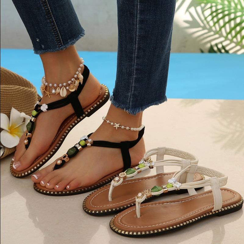 Summer New Women's Flat Beach Sandals Plus Size Beaded Ethnic Style Thong Sandals