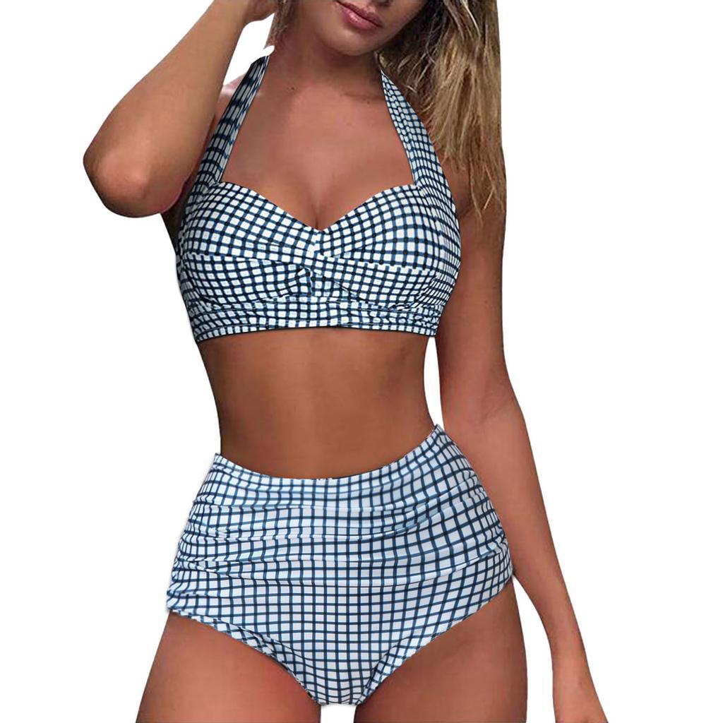 Women Vintage Swimsuit Two Piece Retro  Ruched High Waist Print Bikini Set