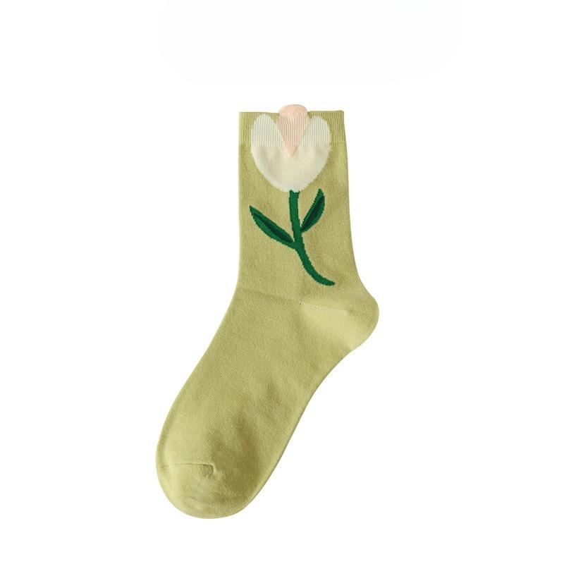 Female Spring and Summer All Match Pure Color Leisure Stereo Floret In The Tube Cotton Socks