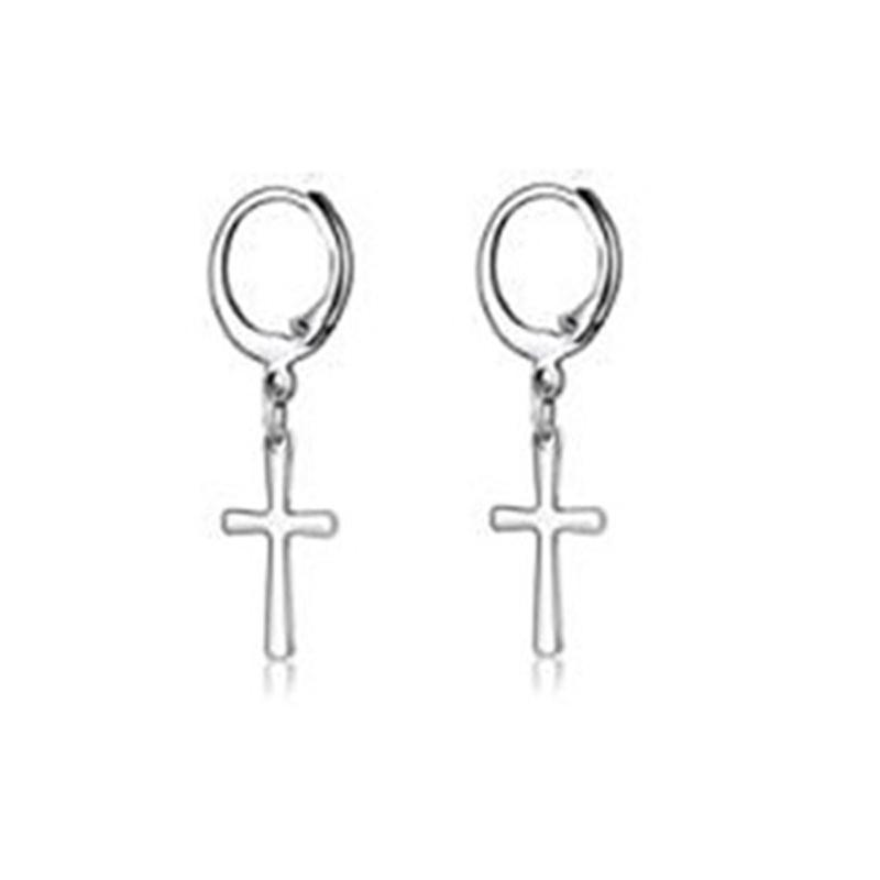 2pcs/set Black Or Silvery Unisex Punk Stainless Steel Cross Cone Feather Chain Pendant Hoop Earrings Ear Stud Jewelry Set