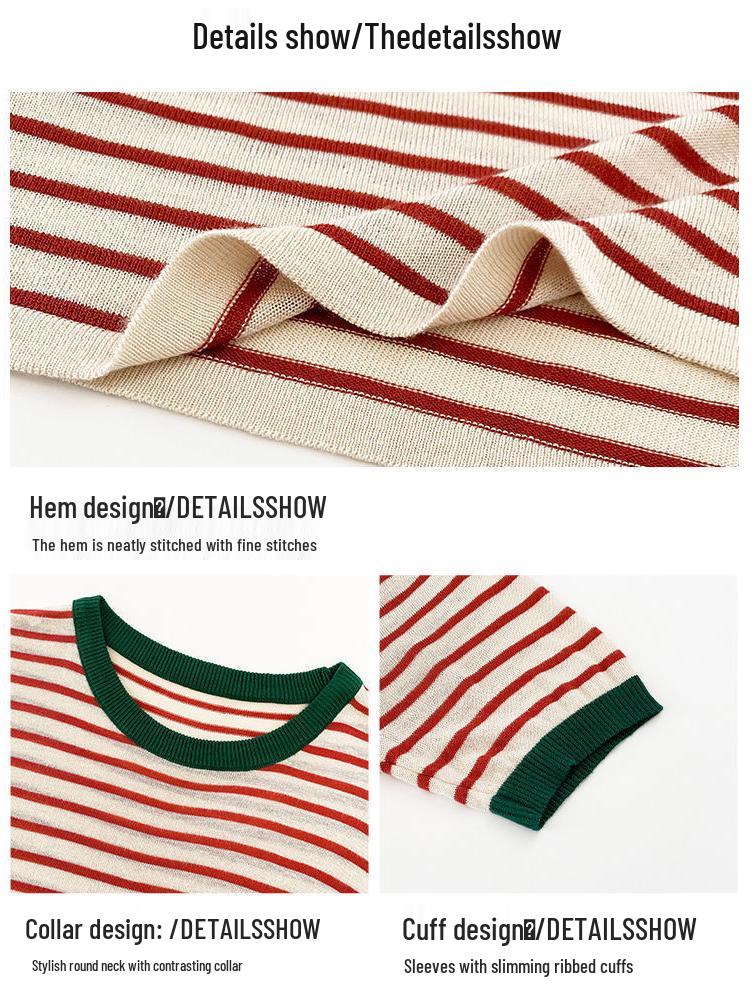 Ice Silk Short-Sleeve Knit Striped T-Shirt for Women, Plus Size Korean Style Summer Chic Top