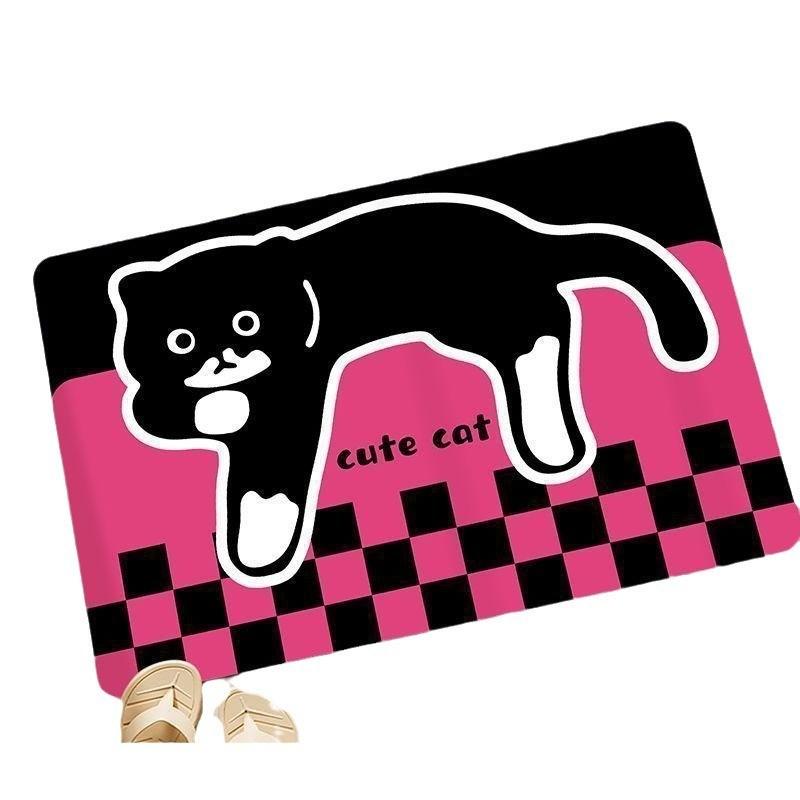Cute Dog Cartoon Cat Checkered Pattern Diatom Mud Cushion Kitchen Carpet Toilet