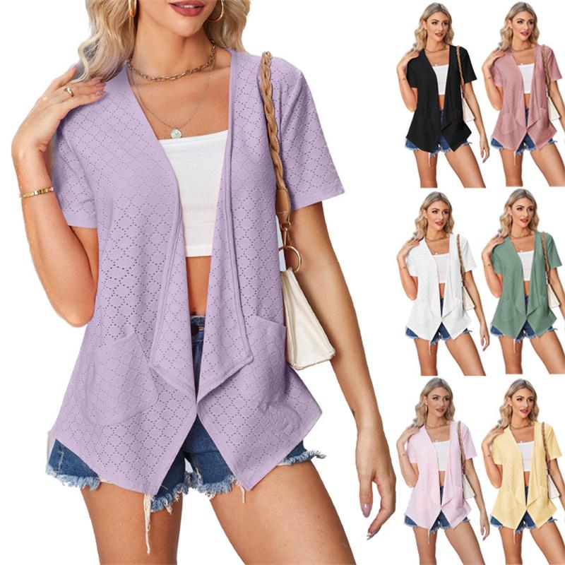 

Women s Summer Casual Cardigan with Pocket Coat Solid Color Loose Short Sleeve Tops Lightweight Irregular Spring Jacket Sun Protection Girl Outerwear