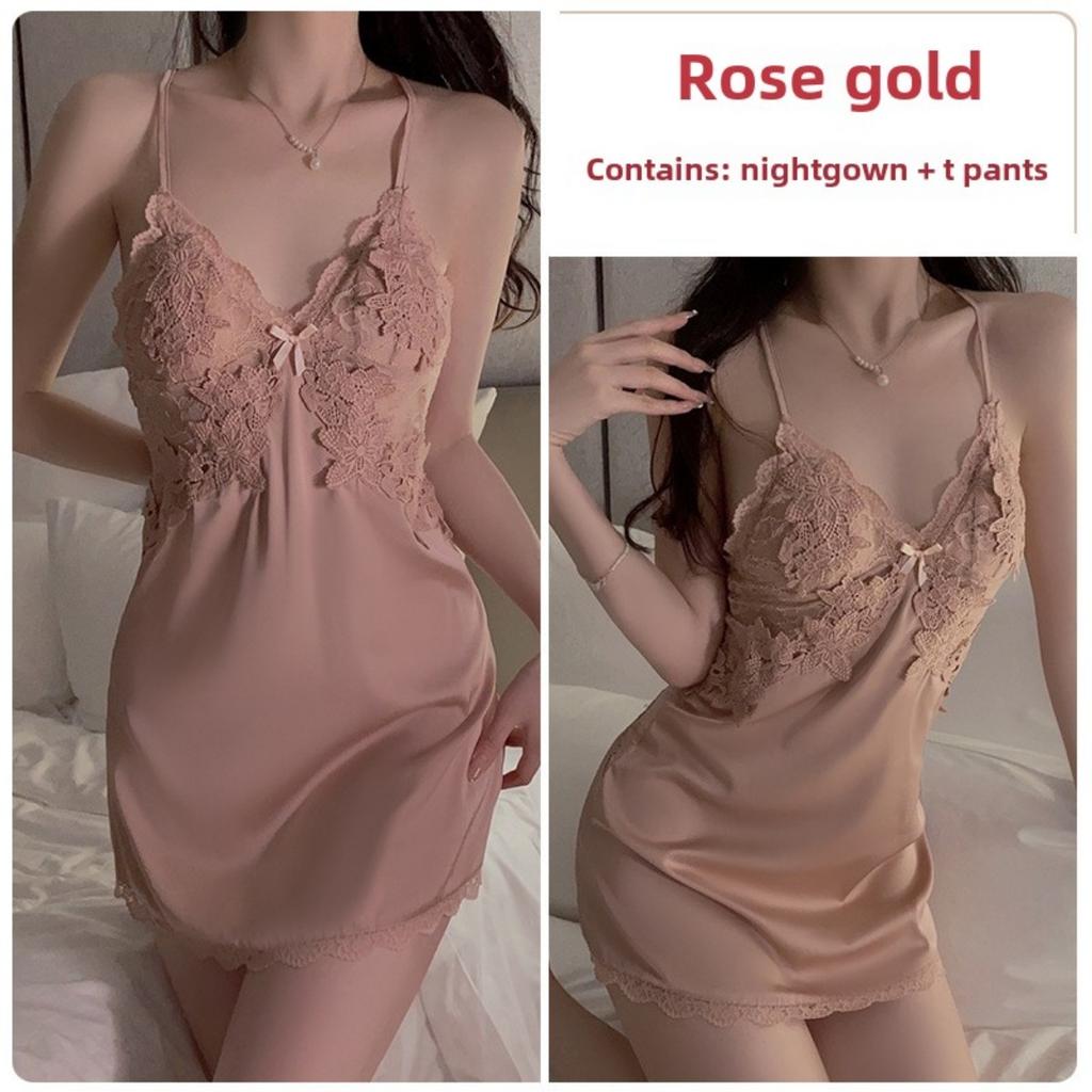 Süße Spitze Tiefes V Plus Brustpolster Sexy Neckholder Seidiger Satin Nachthemd Robe Hausset