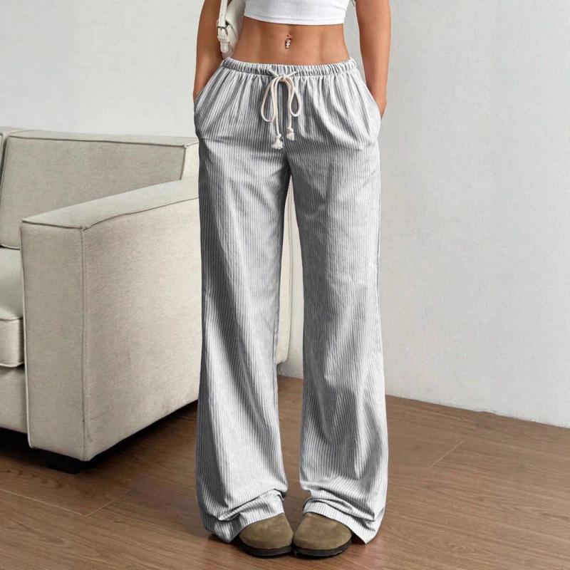Striped Straight Leg Pants, Casual and Versatile, Lace Up Fashion, Loose and Wide Leg Women