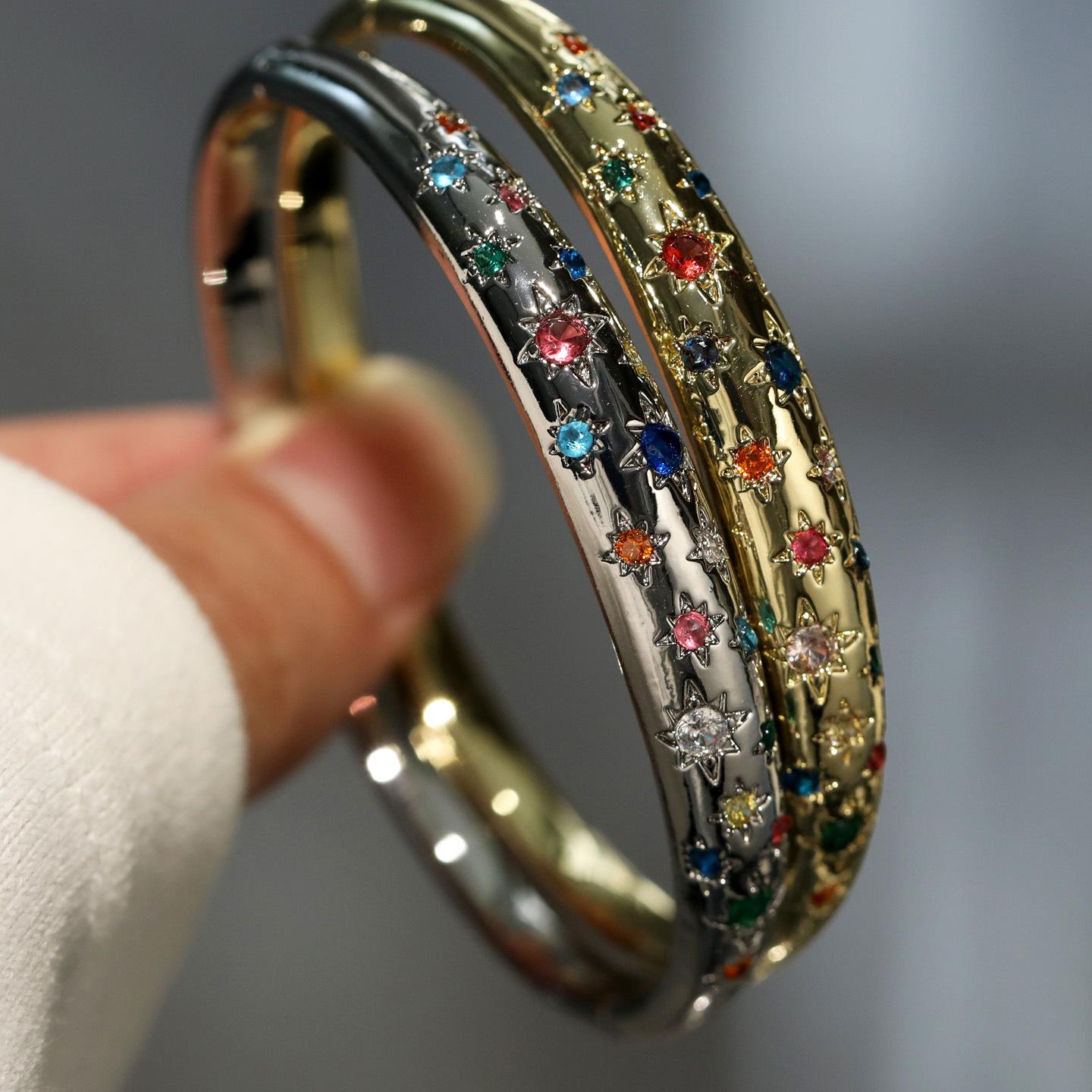 2026 Court Style Retro Design Feeling Stacked Bracelet, High Quality Zircon Gold-plated Star Moon Bracelet Silver 18CM