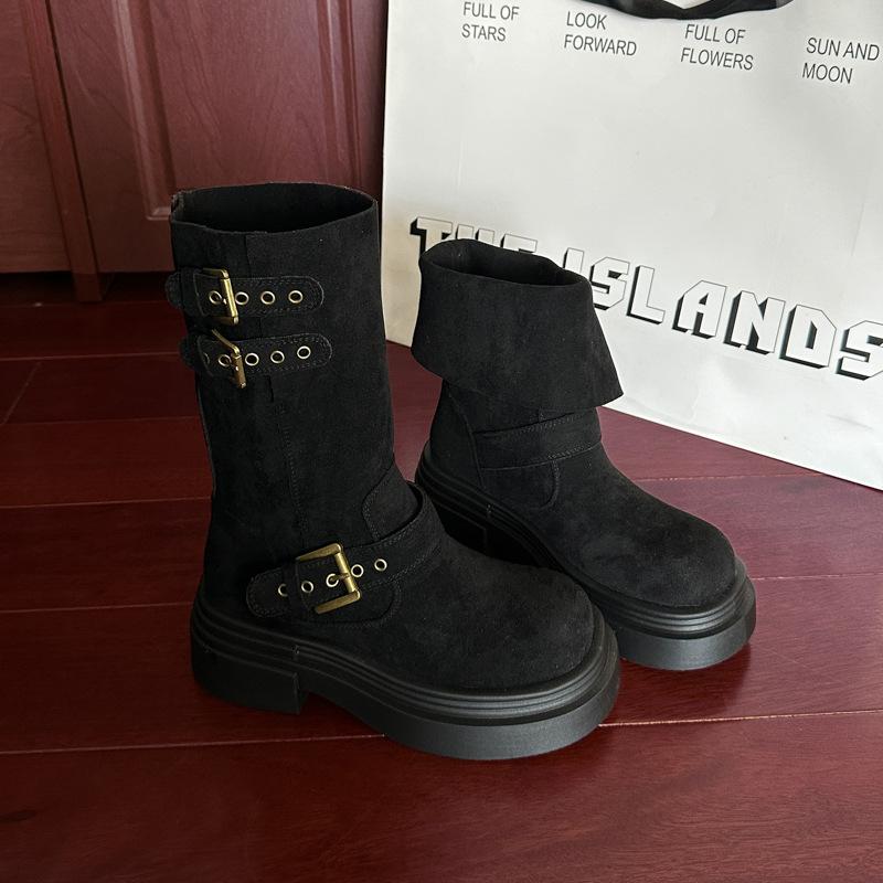 Adjustable Boot Belt Buckle Cowhide Martin Boots 2025 Autumn and Winter Thick Medium Heel Round Head Wide Tube Genuine Leather Medium Boots Children