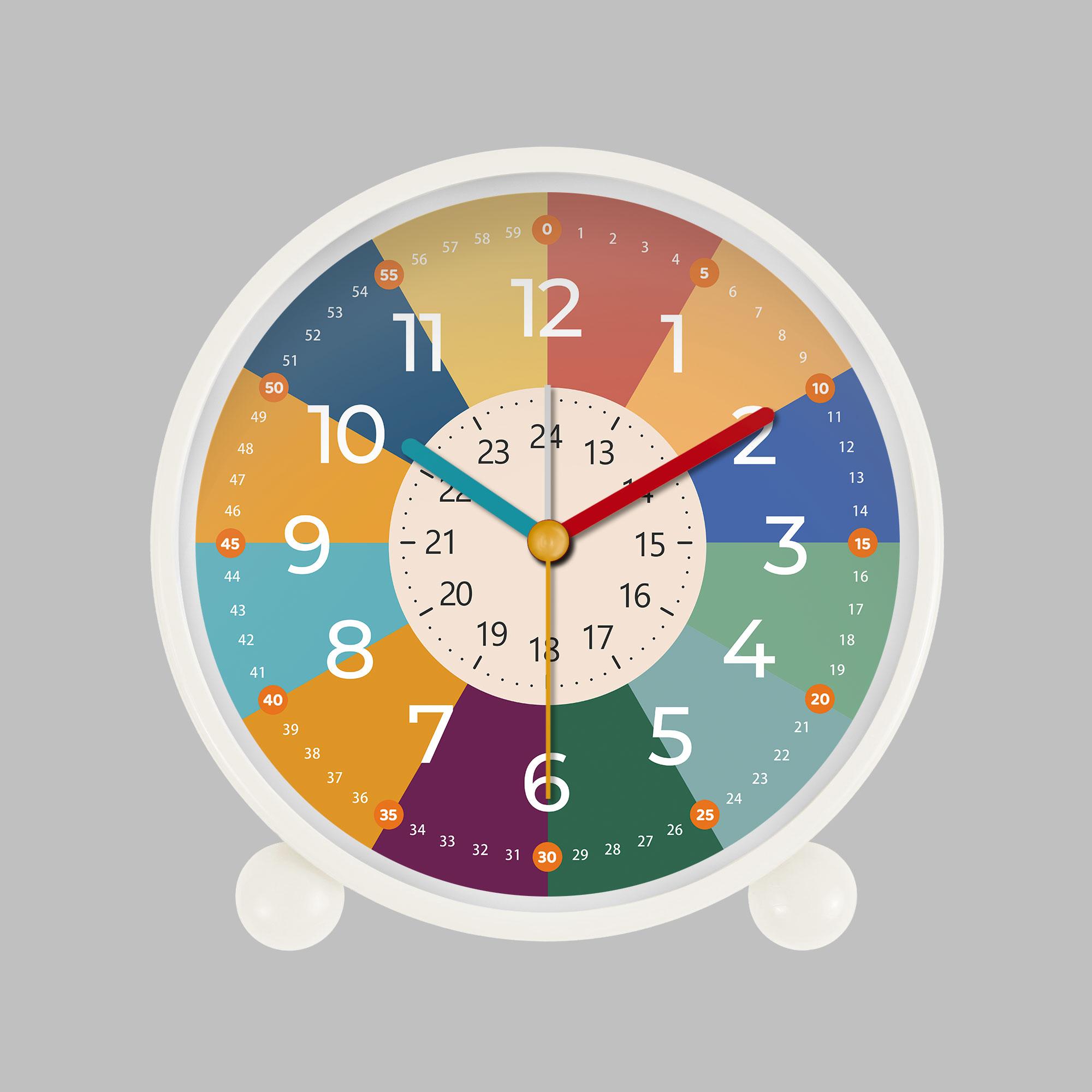 White rainbow alarm clock, instructional alarm clock with color pattern and color pointer design, instructional alarm clock белый