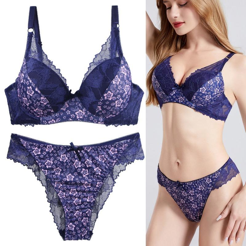 Western-style Anti-sag Plus-size Bra and Panty Set Sexy Underwired Lace Push-up Bra with Skin-friendly Comfortable Panties