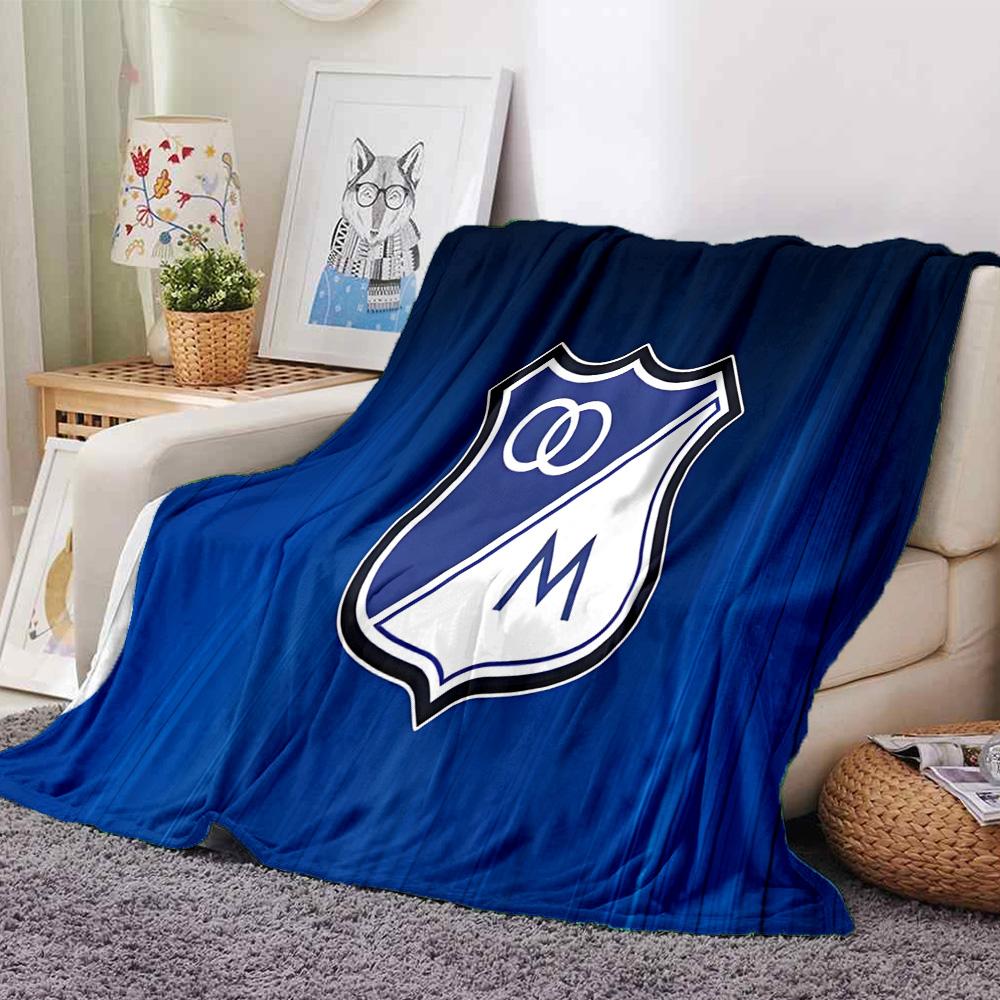 Blue And White Shield Millonarios Flannel Blanket, Soft Polyester, Modern Design, All-Season for Camping, Travel, Gifts for holidays or birthdays