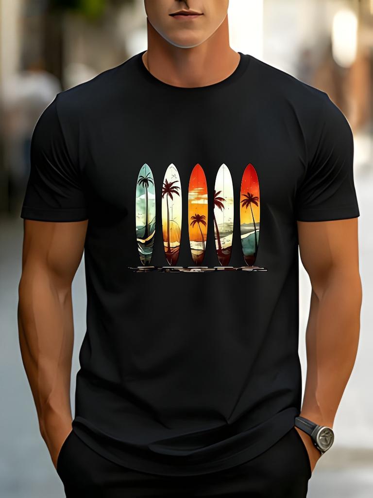Men's Adult Casual T-Shirt with Coconut Tree and Sunset Print, Super Refreshing for Summer Wear