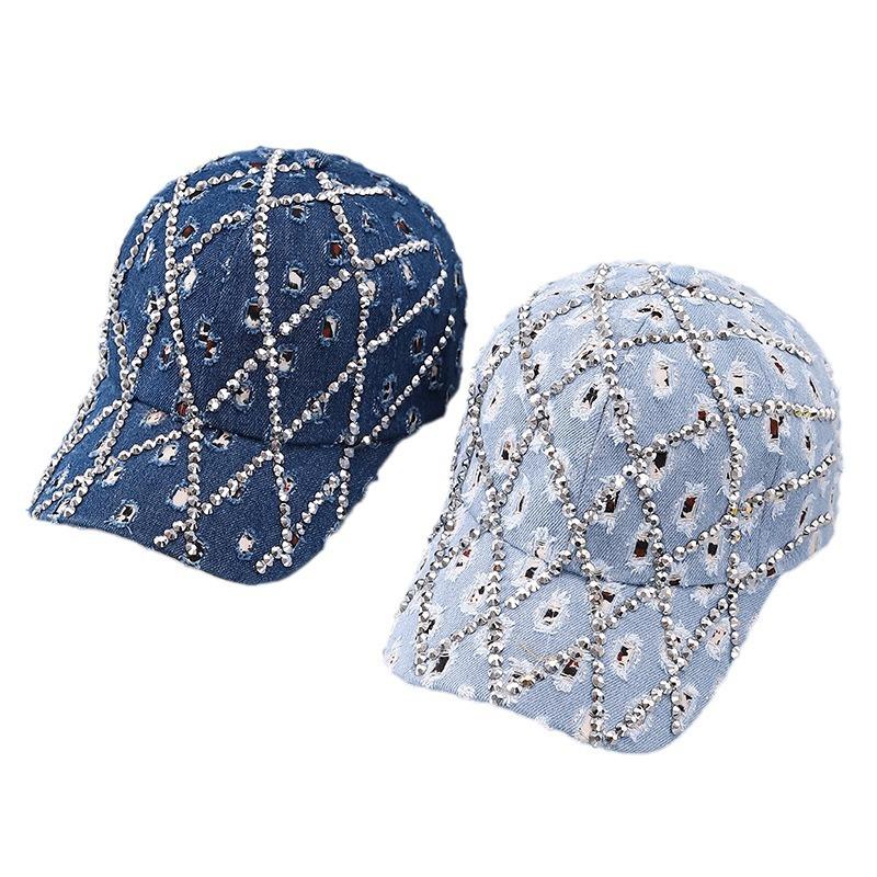 Fashion new hat women's hole-encrusted diamond denim baseball cap leopard print rhinestone fashion cap batch