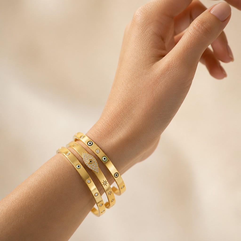Hot Selling Goods Jewelry Colors Colourful Gemstone Zircon Bracelet Enamel 18K Gold Plated Oval Eyes Bangle for Women