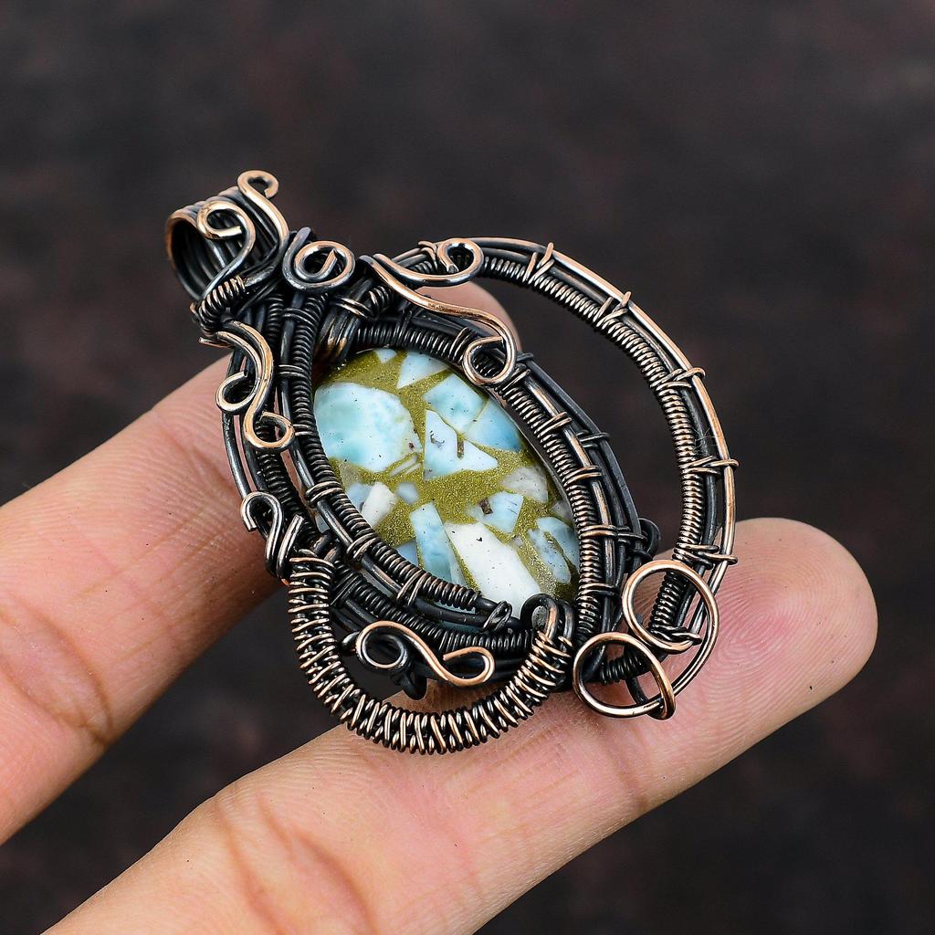 Copper Larimar Pendant Copper Wire Wrapped Jewelry Stylish Pendant Handmade Jewelry Gemstone Pendant Very Pretty Copper Pendant Gift For Her