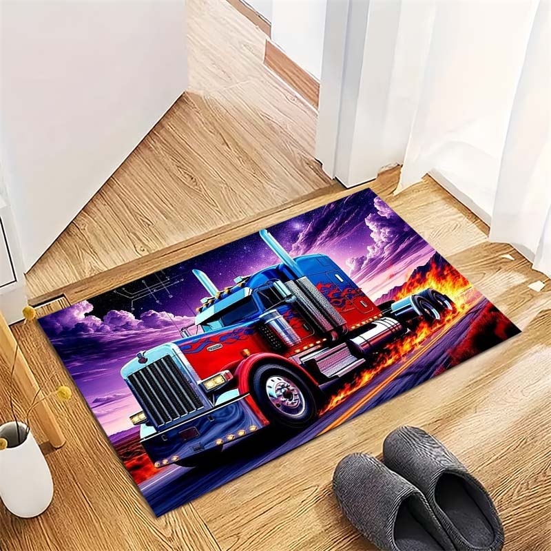 Cool Red Blue Heavy Truck Fire Galaxy Sky Print Area Rug Non‑Slip Rectangular Floor Mat Home Decor