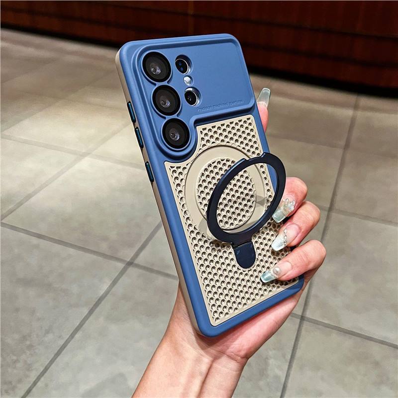 Applicable to Samsung S26ultra magnetic suction bracket mobile phone case s25ultra hollow two-color heat dissipation mesh case protective case