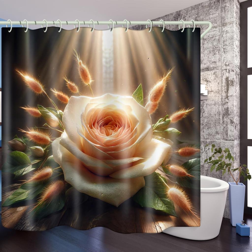 Bathroom Using Sunshine Flower 3D Shower Curtain, Luxury Bathtub Standard Shower Curtain, Waterproof and Bright Fabric Shower Cu