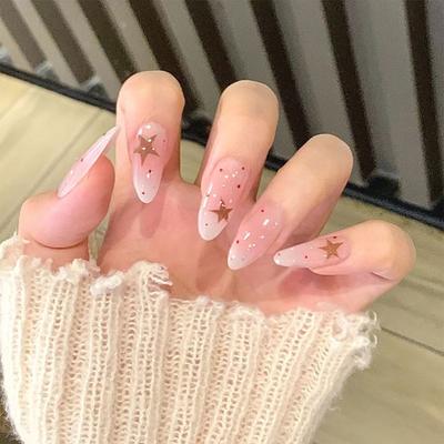 24 Pcs Full Cover False Nail Long Almond Stick On Nail Sweet Press On Nail with Star Polkas Dots Artificial Nail