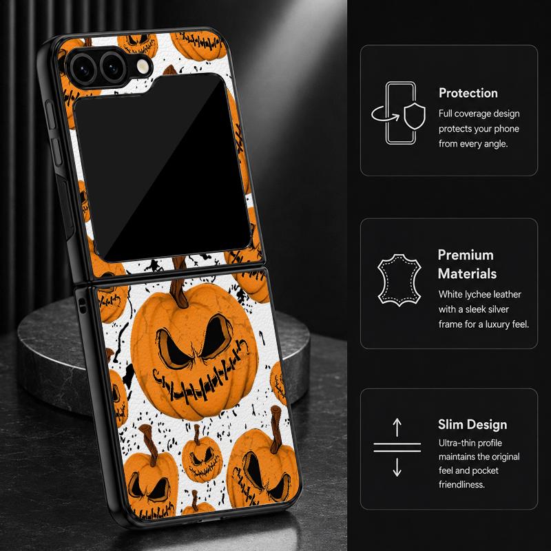 Halloween Pumpkin Lantern Case For Samsung Z Flip 8 7 FE 6 5 4 Hybrid Leather Skin Hard PC Bumper Cover For Galaxy Z Flip8 Flip7 Flip6 Flip5