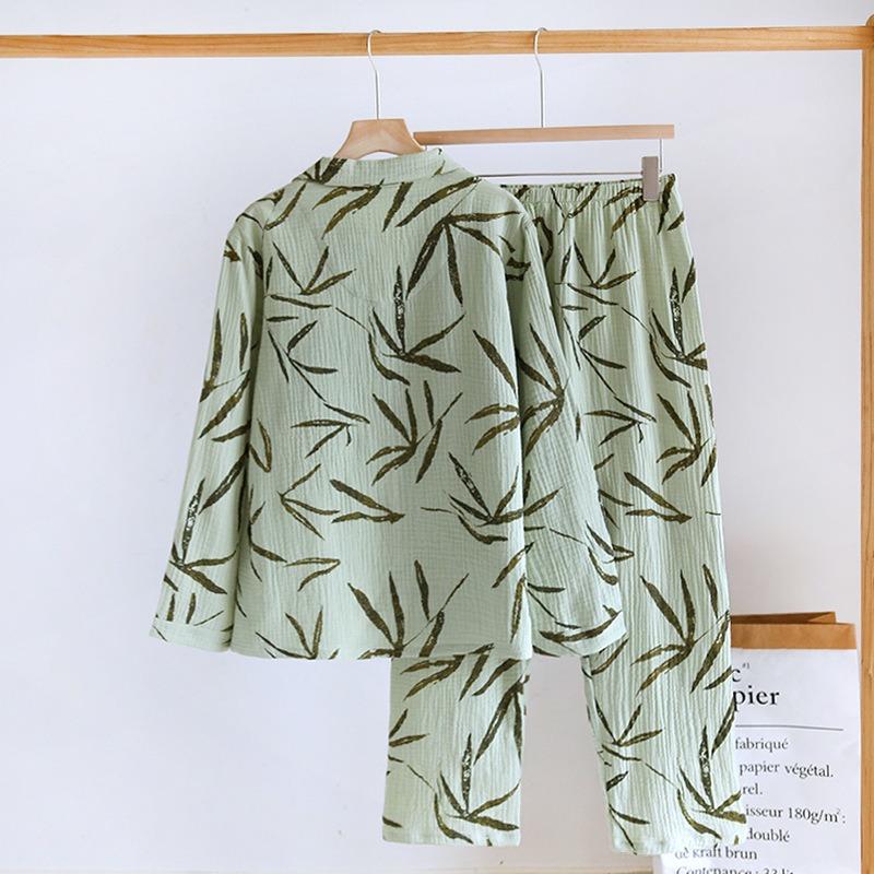 Neuer Damen Frühlings- und Sommer-Pyjama-Set 100% Baumwoll-Krepp Dünn Grün Langärmelig Hose Zweiteiliges Set
