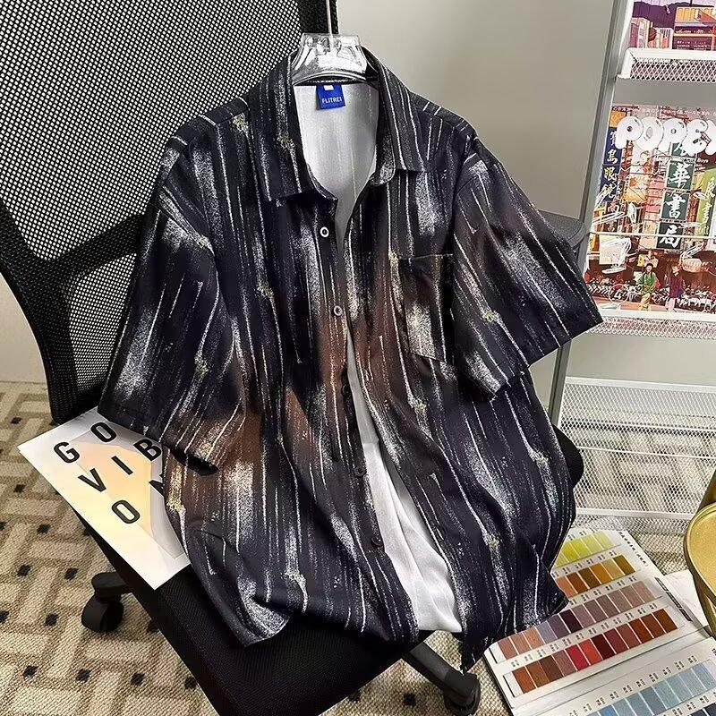 

Men Metallic Vertical Stripe Short Sleeve Button Down Shirt Oversized Casual Lapel Shirt for Men M чёрный