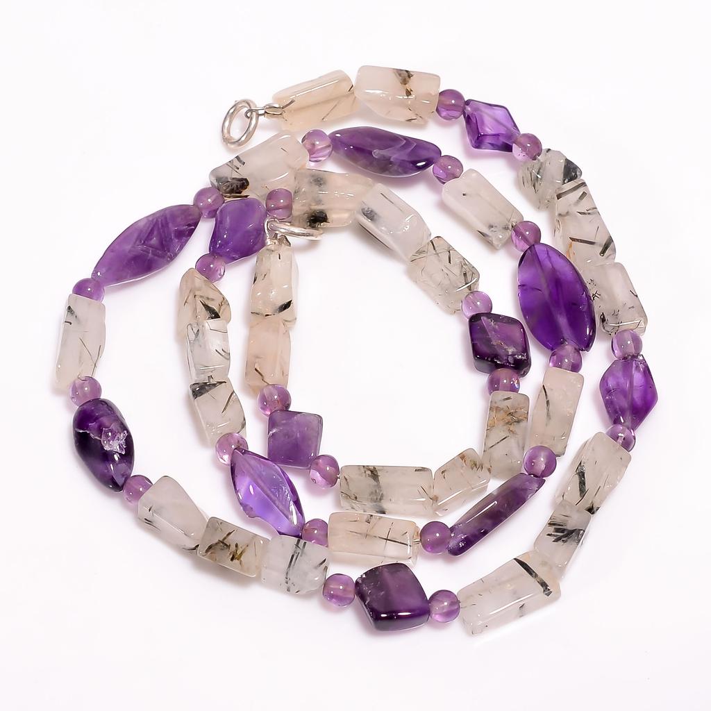 Green Rutile Quartz Amethyst Mix Shape Smooth Beads Necklace 4-14 mm 18.5" UB-8532
