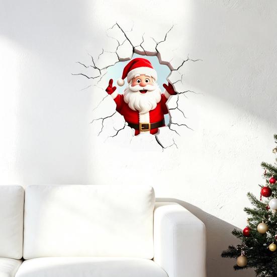 PVC Santa Wall Art for Balcony 3D Claus Sticker, Realistic Breaking Decal Christmas Holiday Decoration, Glass Clings Waterproof Indoor Outdoor Windows