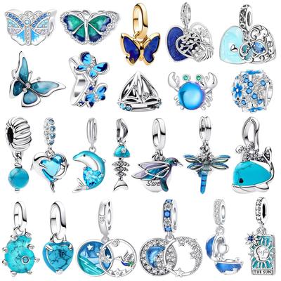 925 Silver Blue Charms Butterfly Flower Heart Fish Dolphin Beads for Necklace DIY Bracelet Present Jewellery