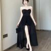 French Pure Desire Wind Shoulder Wrap Chest Solid Color Mesh Splicing Dress Women's High Waist Super Immortal Split Legs Long Dress