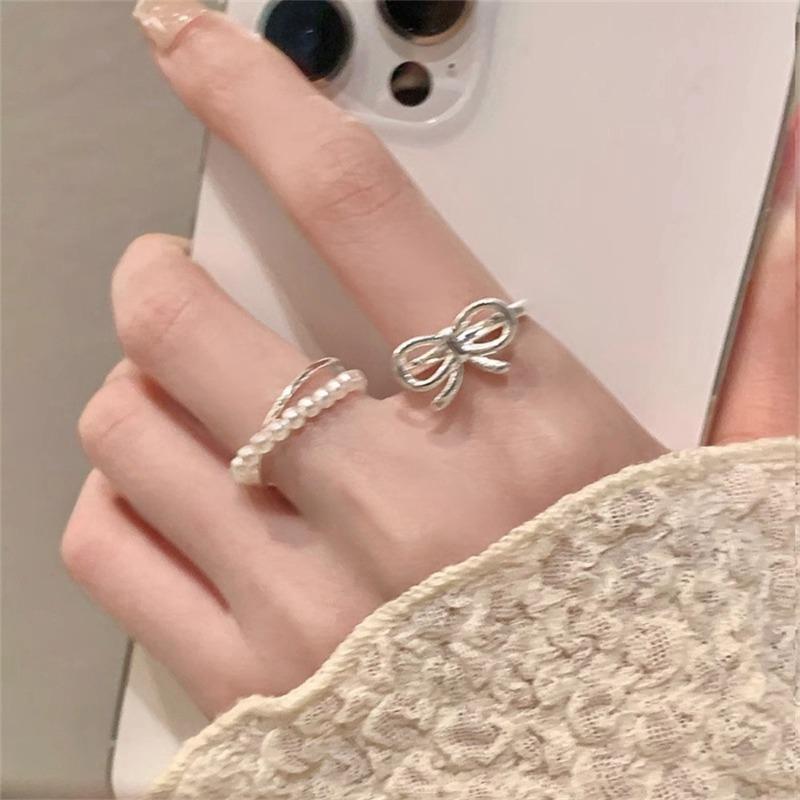 Korean Silver Color Pearl Bowknot Rings for Women Minimalist Elastic Bead Ring Wedding Aesthetic Jewelry