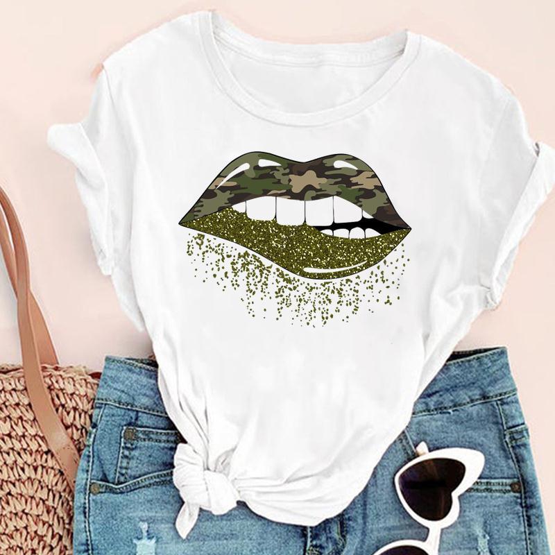 Tricou cu gât în ​​formă de O pentru femei Tricou la modă pentru femei Tricou cu mânecă scurtă cu buzele roșii Tricou cu mânecă scurtă pentru femei