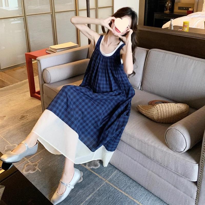 Blue Plaid Sleeveless Dress Literary Style Mori Retro Small Fresh Vacation Suspender Vest Long Dress