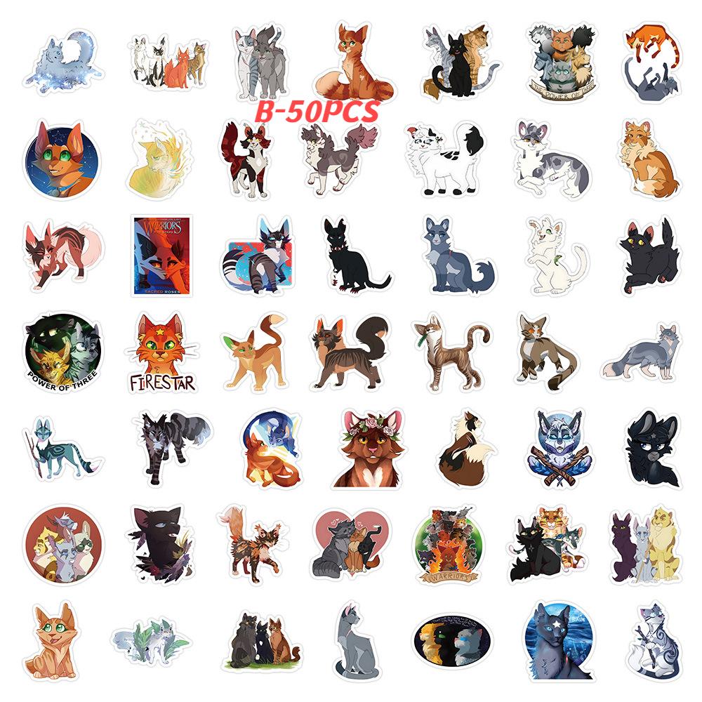Non-Toxic 50Pcs/Pack Cat Warrior Anime Cartoon Sticker Diy Diary Cute Aesthetic Cat Waterproof Stickers For Water Bottle Laptop Phone