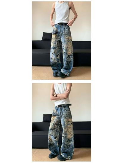 Women's Retro Graffiti Wide Leg Jeans - Casual Distressed Long Pants