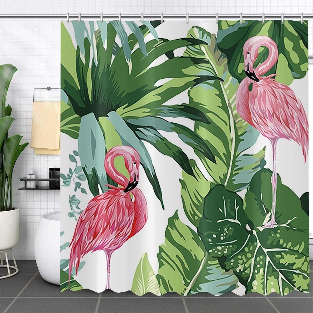 Tropical Leaves Shower Curtains, Palms Monstera Banana Leaf Green Plant Botanical Bathroom Curtains Bathtub Home Decor Machine