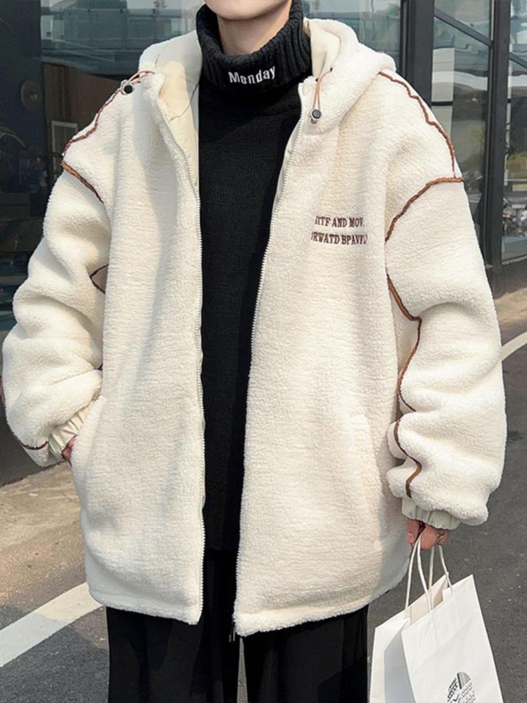 Men's Lambswool Hooded Coat, Autumn/Winter Embroidered Thick Cotton Jacket, Trendy Couple Style.