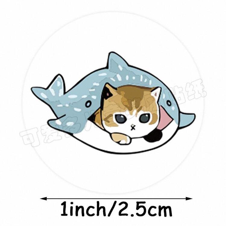500 Cartoon Shark Cat Stickers, Round Self-Adhesive Labels On Roll