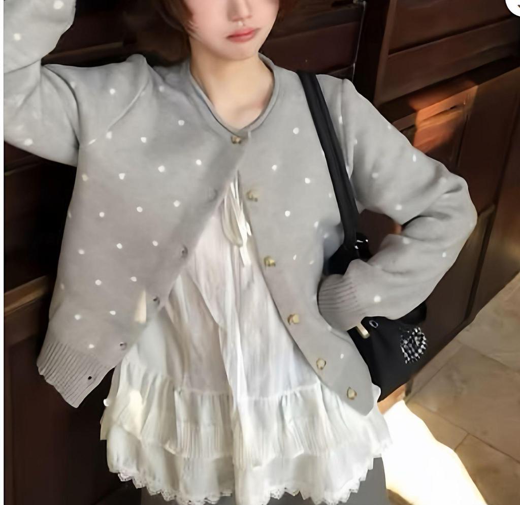 Women's Korean Polka Dot Knit Cardigan - Blue, Spring/Autumn