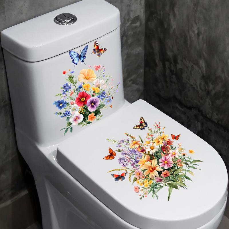 Çiçek Desenli Tuvalet Çıkartmaları Banyo Dekorasyon Çıkartmaları Dekor Kendinden Yapışkanlı Duvar Kağıdı Çıkarılabilir PVC Su Geçirmez Çıkartma