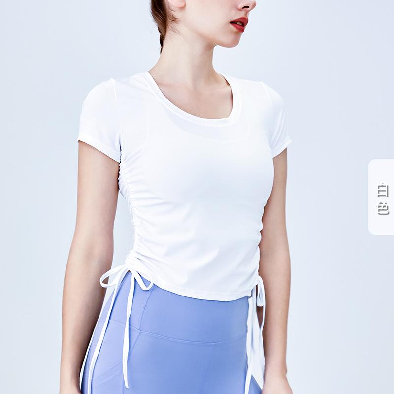 

2023 Женская футболка из ликры высокого класса, быстросохнущая, с коротким рукавом и боковыми кулисками, спортивная и дышащая одежда для йоги L белый