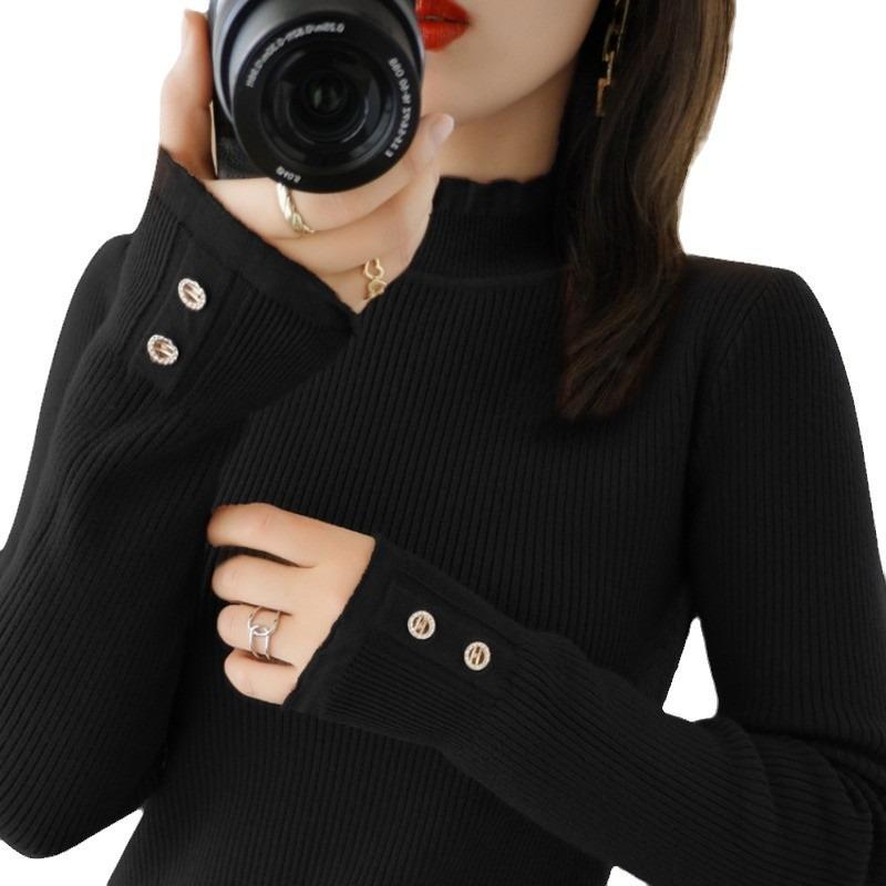 Knitted bottoming shirt autumn and winter new semi-turtleneck sweater women's pullover sweater long-sleeved slim-fit button-up top