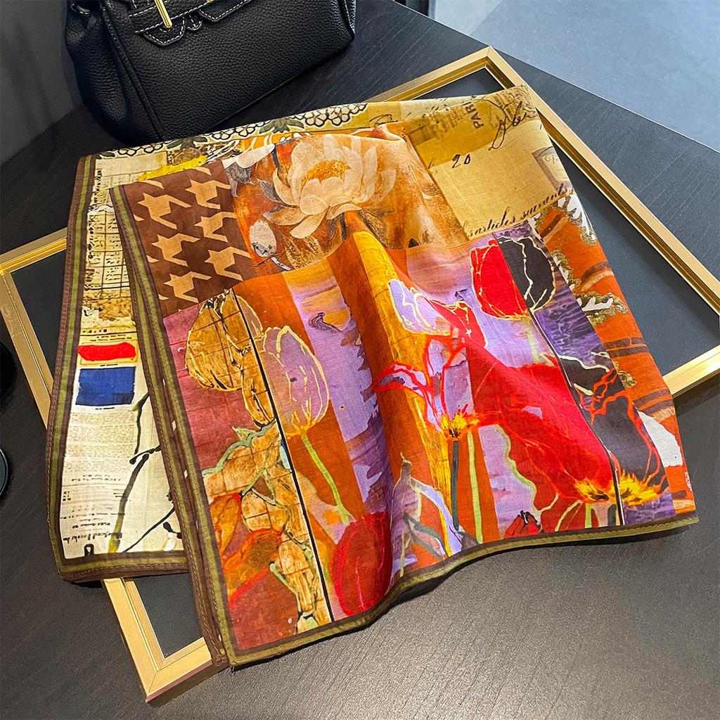 1116 Summer a Variety of Hot-selling Classic Versatile Polka Dot Floral Printing Silk Scarf Thin Sunscreen Silk Cotton Square Scarf